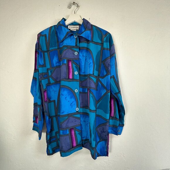 Vintage 90s Peter Popovitch Womens Abstract Print Button-Up Shirt Small Blue - Picture 1 of 8